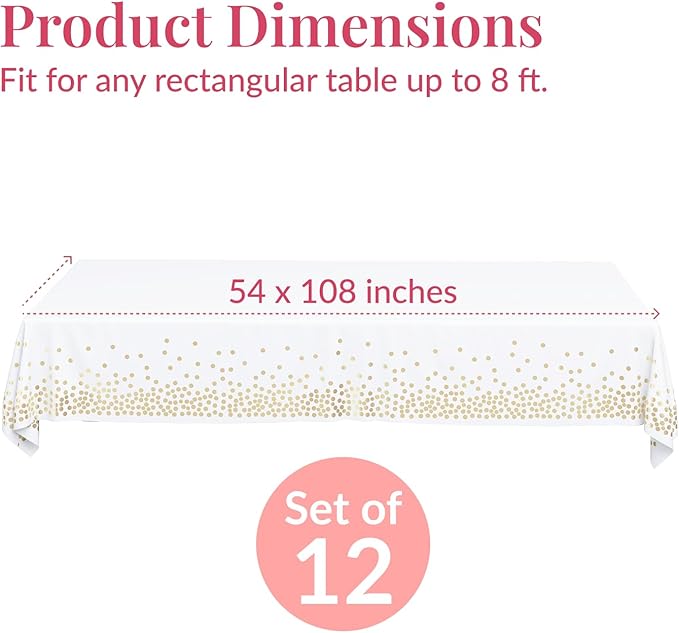 Prestee 12-Pack White and Gold Tablecloth - 54x108 Inch - Disposable Table Covers for Party, Weddings, and Holidays - Waterproof Christmas Tablecloth, Stain-Resistant Plastic Table Cover Set