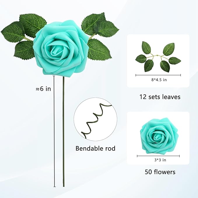 JOYLEX Artificial Flowers Realistic Roses, 50pcs Real Looking Fake Roses with Stem for DIY Wedding Bouquets Centerpieces Bridal Shower Party Home Romantic Decorations (Turquoise)