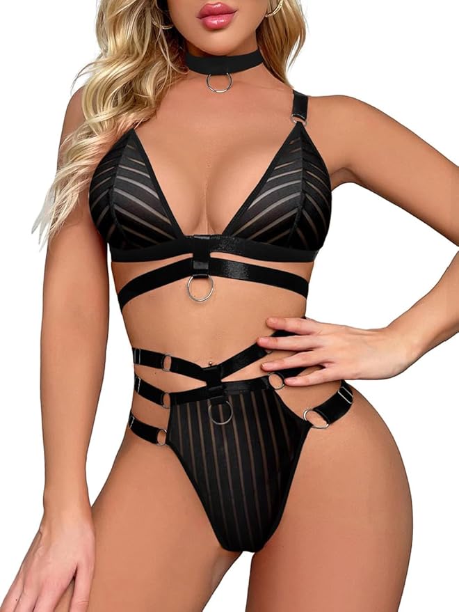 Lilosy Sexy Wireless Choker O Ring Linked Strappy Harness Lingerie Set Outfits 3 Piece