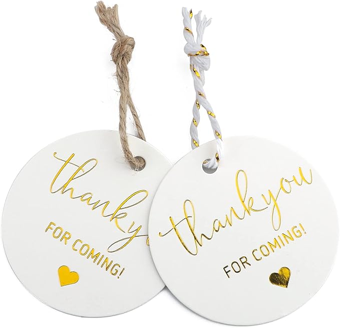 G2PLUS Thank You Tags, 100PCS Thank You for Coming Tags, 2'' Round Gift Tag, White Paper Gold Foil Gift Tag with String for Wedding, Birthday Party Favors