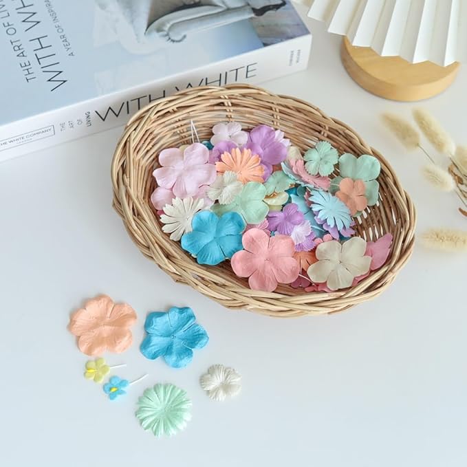 Handmade100 Pcs Mixed Flowers 18 mm - 2 Inch Mulberry Paper Flowers Scrapbooking Wedding DIY Craft Supplies Card (10 Colors Pastel Tone)