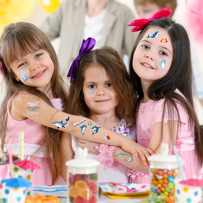Dolphin Temporary Tattoos for Kids-100+ Glitter Style Underwater Animals Cute Fake Tattoo Waterproof for Girls Boys Body Face Tattoos Stickers Beach Ocean Party Favors Decorations