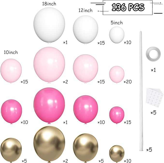 141 Pack Gold Rose Pink White Balloons Garland Arch Kit for Bridal Shower Girl Birthday Wedding Baby Shower Anniversary Party Supply