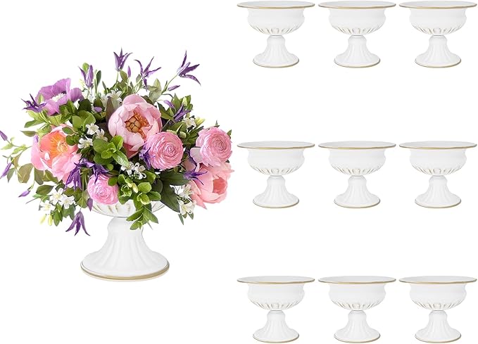 White Wedding Vases for Centerpieces: Small Flower Vase for Tables - 5 Inch Metal Compote Bowl Urn Pedestal for Party Anniversary Event Home Decor Set of 10
