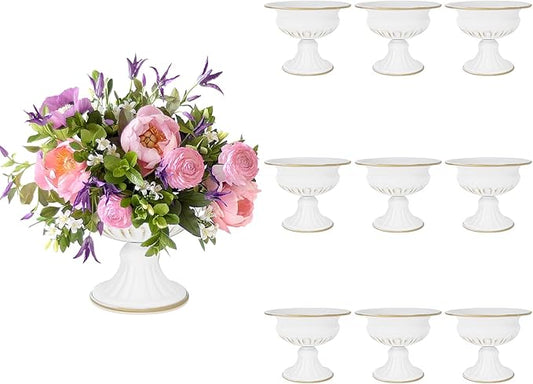 White Wedding Vases for Centerpieces: Small Flower Vase for Tables - 5 Inch Metal Compote Bowl Urn Pedestal for Party Anniversary Event Home Decor Set of 10