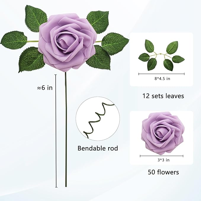 Artificial Flowers Realistic Roses, 50pcs Real Looking Fake Roses with Stem for DIY Wedding Bouquets Centerpieces Bridal Shower Party Home Romantic Decorations (Regular 3" - 50pcs, Light Purple)