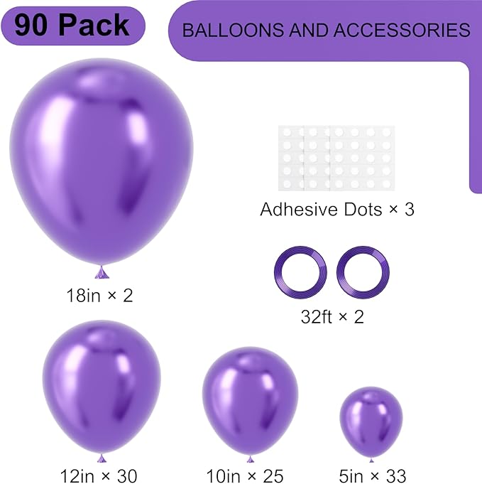 90pack Metallic Purple Balloons Different Size 18/12/10/5 Inch Metallic Purple Balloon Garland Arch Kit for Graduation, Wedding, Birthday, Anniversary, New Year Party Decorations