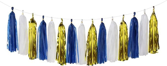 Navy-Blue White-Gold Tassel Garland Streamers- 15pcs Tissue Paper Tassels Banner Party Decorations Men Boy Birthday Graduation Bachelorette Engagement Backdrop Hanging Decor Panduola