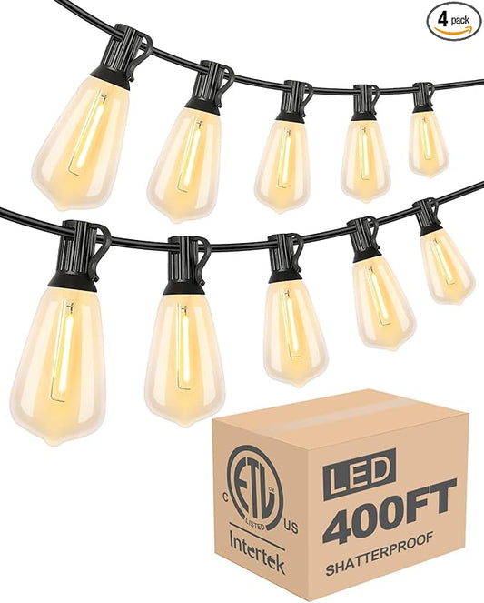 Lightdot 400FT Outdoor String Lights, LED Bistro String Lights with Shatterproof ST38 Bulbs, 2200K Dimmable, Waterproof Hanging Lights for Porch, Party, Garden, Backyard, Balcony - ETL Listed