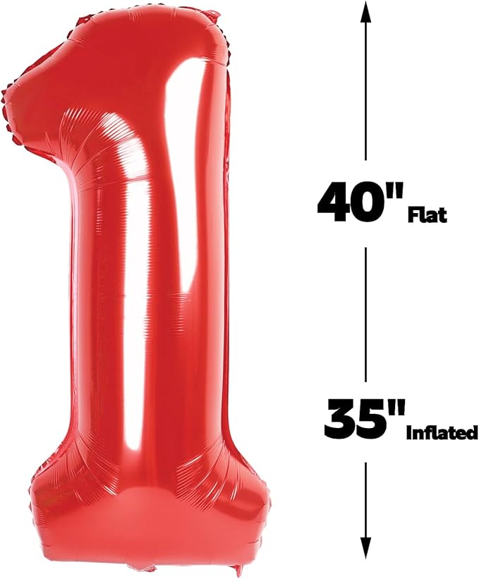Red Number 1 Balloon 40 inch, Number 1 Birthday Balloon for Boy Girl, Red Foil One Balloon for 1st 10 11 12 16 18 Birthday Party, Anniversary Celebration Number Balloons Decorations
