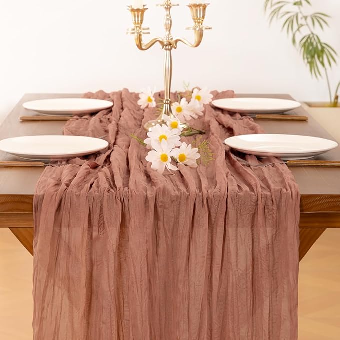 Socomi 3pcs Dusty Rose Fall Thanksgiving Cheesecloth Table Runner Boho Rustic Gauze 120 inch 10FT Cheese Cloth Runner for Wedding Party Baby Shower Birthday Home Decor Holiday Decorations