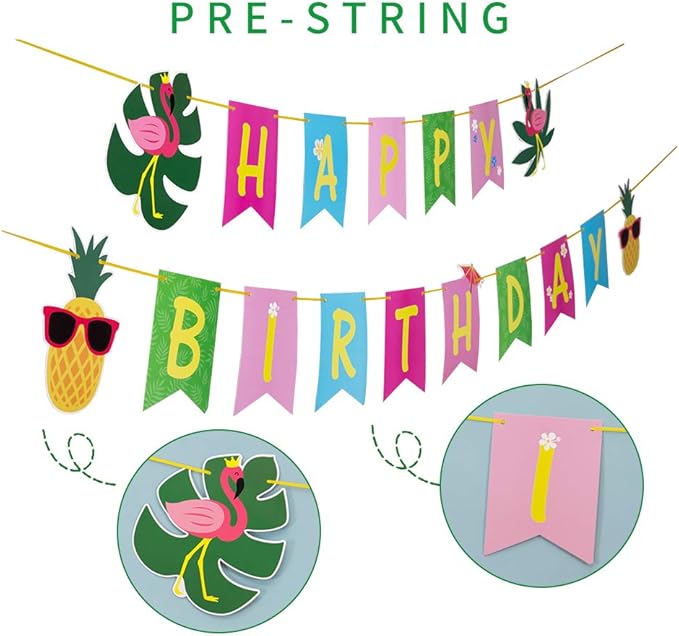 SUNBEAUTY Hawaiian Aloha Party Tropical Happy Birthday Banner Luau Birthday Flamingo Pineapple Palm Leaf Banner for Summer Birthday Party Decorations Supplies | Pre-Strung