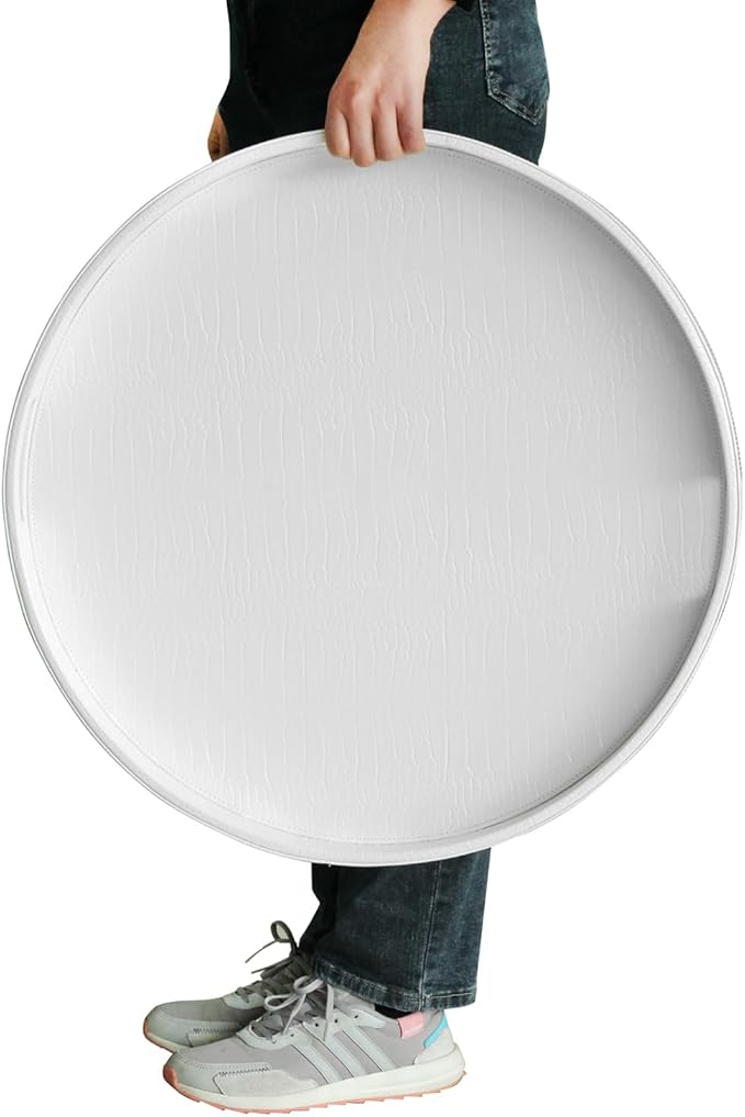 HofferRuffer Extra Large Round Serving Tray, Elegant Faux Leather Circle Ottoman Table Tray with Handles, Serve Tea, Coffee or Breakfast in Bed, Diameter 23.6 x 2.4 inches Height (White)