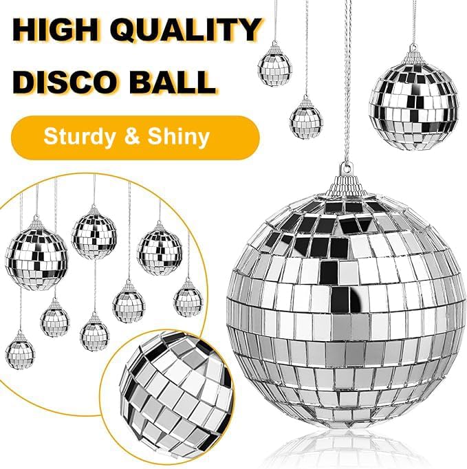 66 PCS Mirror Disco Ball for Party, 3.94/3.15/2.36/2/1.18 Inches Silver Hanging Reflective Glass Disco Ball for Christmas Tree Ornament Holiday Party Home Decorations