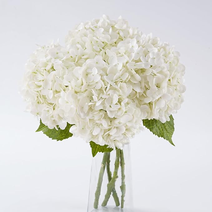 BonBloom's 4 Pcs White Hydrangea Artificial Flowers, 21" Stem Real Touch Latex Faux Hydrangeas Flowers for Tables Centerpieces, Outdoor Party Floral Arrangements Wedding Bouquets Home Decor