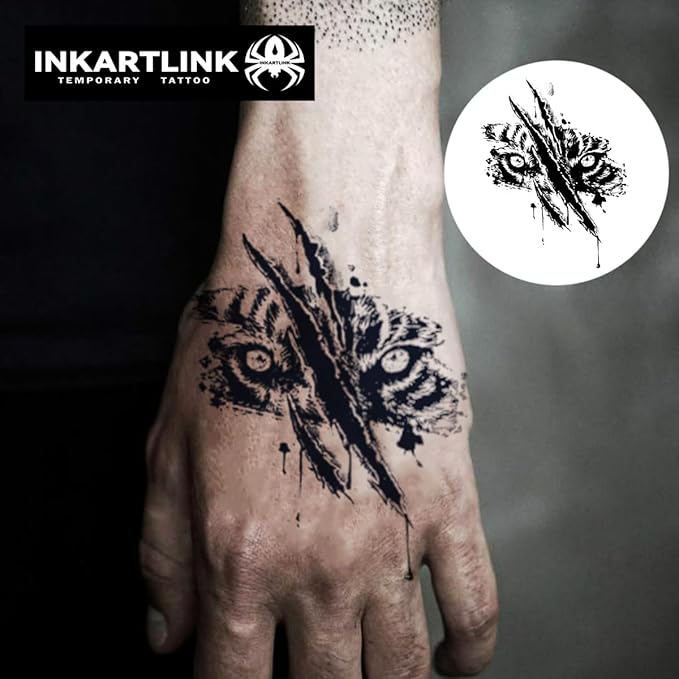 INKARTLINK Tattoo Tech, 2 Sheets Large Semi Permanent Tattoo, Adult Art Design Temporary Tattoos, Lasts 1-2 Weeks, Waterproof, Realistic Look, No Adhesive, No Reflection (Brutal Tiger Design)