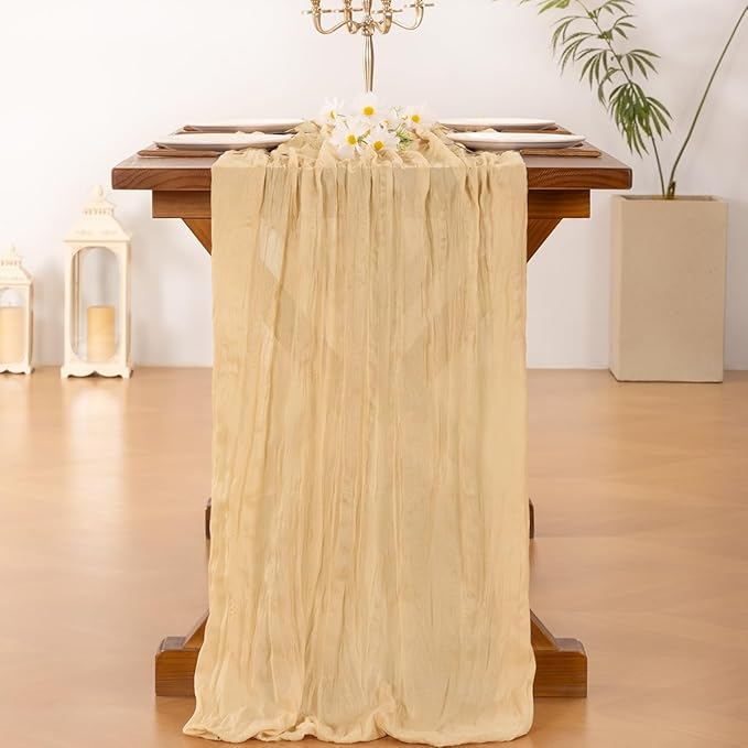 Socomi 6pcs Gold Champagne Cheesecloth Table Runner Fall Thanksgiving Boho Rustic Gauze 120 inch 10FT Cheese Cloth Runner for Wedding Party Baby Shower Birthday Home Decor Holiday Decorations