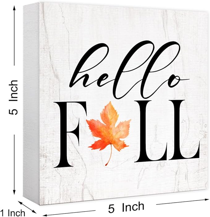 Funny Autumn Maple Leaves Wood Box Sign Hello Fall Leaves Wooden Block Desk Decor for Home Office Kitchen Cubicle Table Shelf Tabletop,Farmhouse Fall Sign Decor