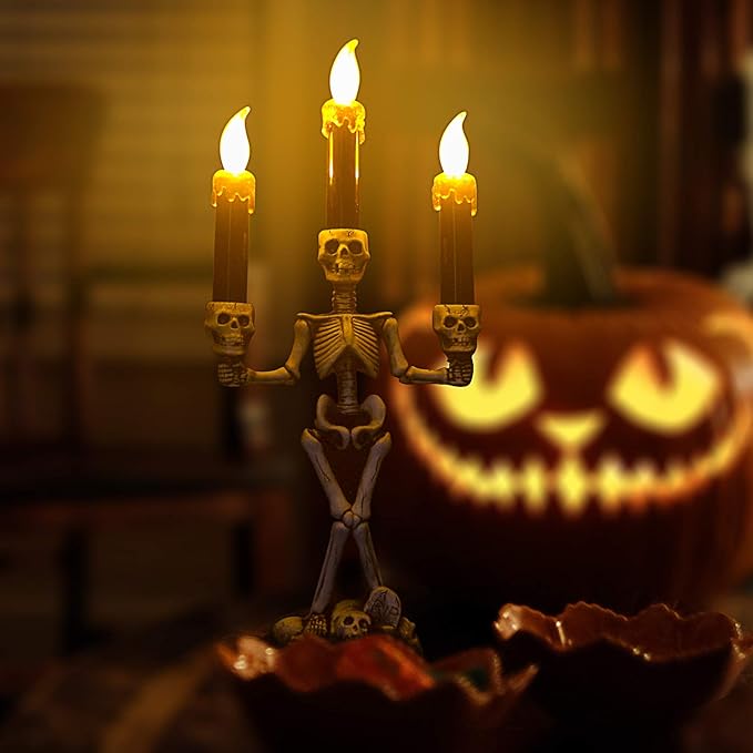 Evelyne GMT-10319 Triple LED Halloween Candles Flameless and Skeleton Candle Holder Stand for Skull Halloween Decoration and Haunted House Decor