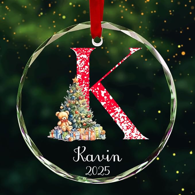 Personalized Round Christmas Crystal Glass Ornaments Custom 2025 Name Ornament for Christmas Tree Decorations Customized Xmas Tree Hanging Gifts for Family Friends