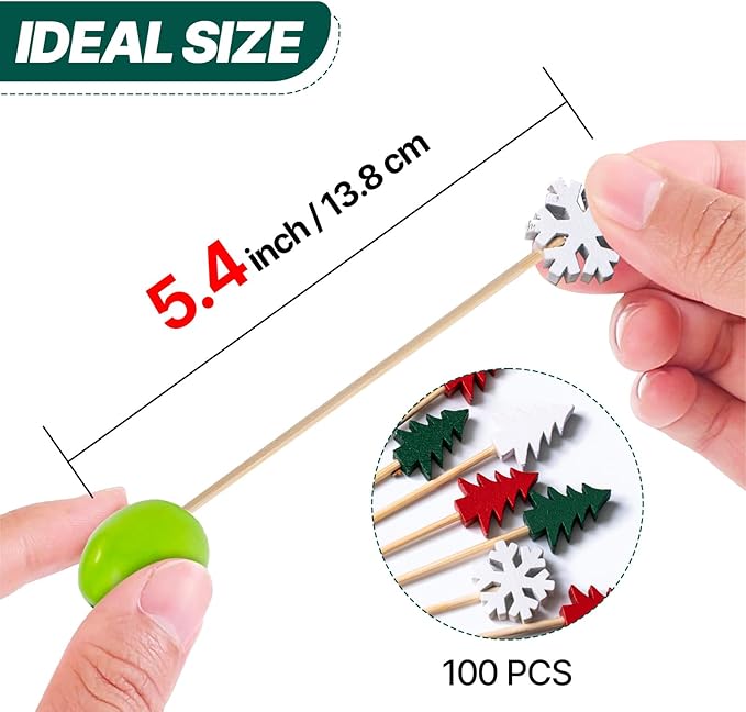 PuTwo Christmas Cocktail Picks 4.7 Inch 100pcs Bamboo Fancy Skewers Toothpicks for Appetizers Food Drink Fruit Sandwich BBQ Christmas Cocktail Party Charcuterie Boards Accessories Party Supplies