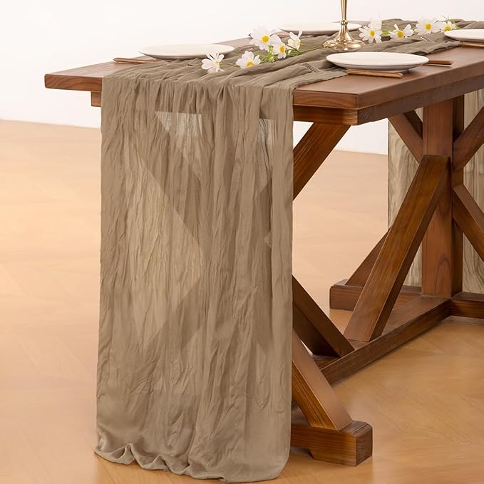 Socomi 15pcs Nude Brown Cheesecloth Table Runner Fall Thanksgiving Boho Rustic Gauze 120 inch 10FT Cheese Cloth Runner for Wedding Party Baby Shower Birthday Home Decor Holiday Decorations