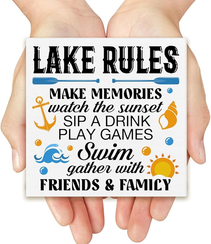 Summer Lake Decor Lake House Wood Block Sign Lake Rules Decorations for Home Desk Table Shelf 5 x 5 Inches