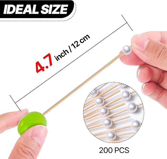 PuTwo Cocktail Picks 4.7 Inch 200pcs Bamboo Fancy Skewers Toothpicks for Appetizers White Pearl Toothpicks for Food Drink Fruit Sandwich BBQ Charcuterie Boards Accessories Birthday Party Supplies