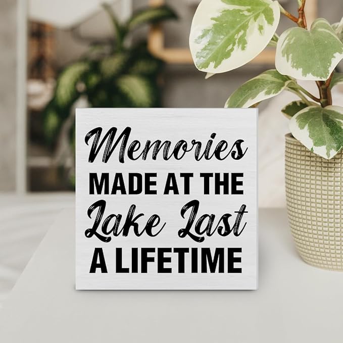 Lake Decor Summer Decorations Lake House Wood Block Sign for Home Desk Table Shelf 5 x 5 Inches