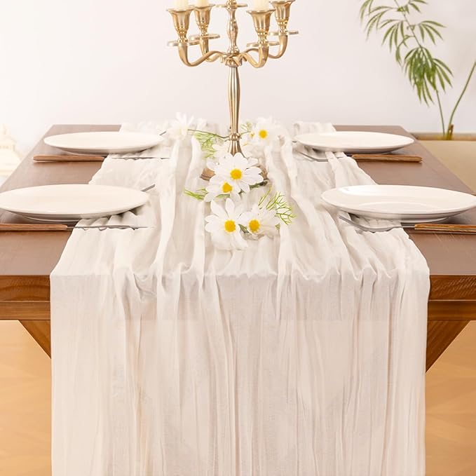 Socomi 3pcs Ivory White Cheesecloth Table Runner Fall Thanksgiving Boho Rustic Gauze 120 inch 10FT Cheese Cloth Runner for Wedding Party Baby Shower Birthday Home Decor Holiday Decorations