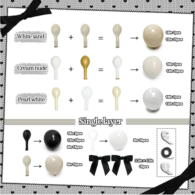 Black White Balloon Arch, Double Stuffed Pearl White Black Bow Balloon Garland Cream Ivory Sand Latex Balloons for Birthday Wedding Bridal Shower Engagement Halloween New Year Party Decorations
