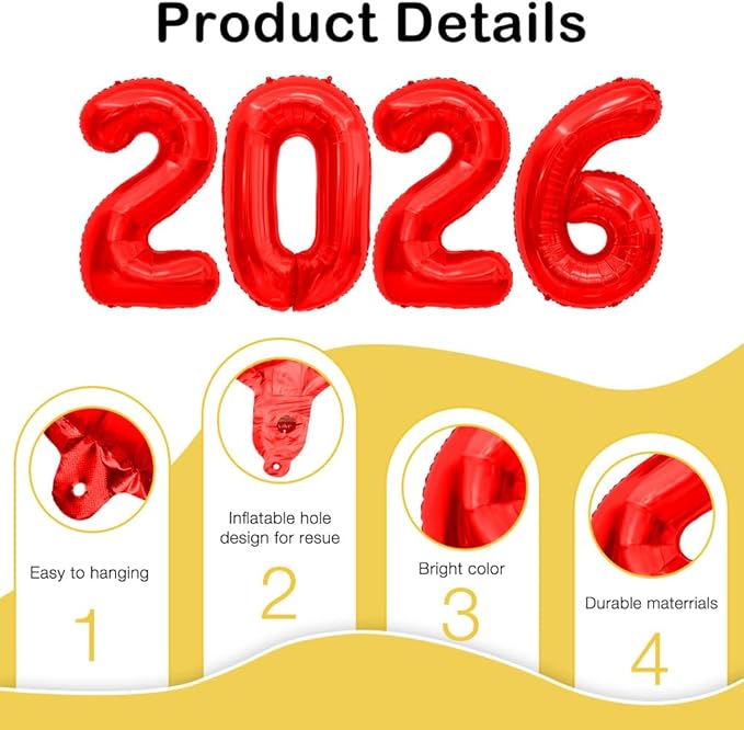 2026 Balloons, 2026 Number Balloons, 2026 Red Balloon, Foil Happy New Year Balloon for New Year Eve Party Supplies 2026 Graduation Decorations Anniversary Birthday Home Office Decorations, 16 Inch