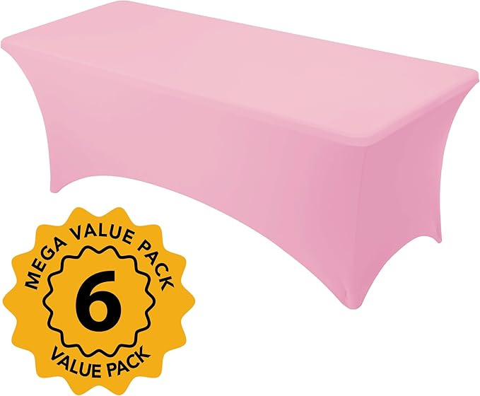 6-Pack Premium Pink Spandex Tablecloths for 8ft Rectangle Tables, Stain & Wrinkle-Resistant, Washable Stretch Polyester Fitted Table Cover for Weddings, Banquets, Trade Shows Events