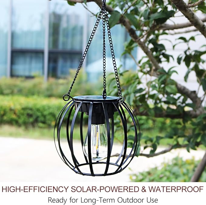 Bright Zeal 2-Pack 13" Black LED Solar Hanging Lanterns Garden - Auto On/Off Metal Lanterns for Trees with Iron Frame - Solar Lantern Hanging Garden Outdoor Lights Metal Waterproof LED