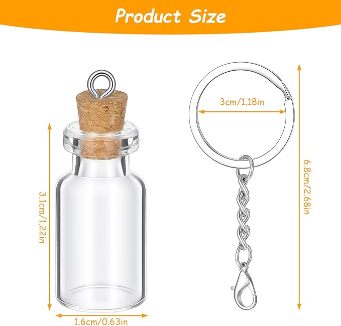 10 Pcs Mini Bottles with Cork, 2ml Tiny Jars with Lids and Keychains Empty Spell Jars Glass Wishing Bottles for DIY Crafts Wedding Halloween Chrismas Hanging Ornaments