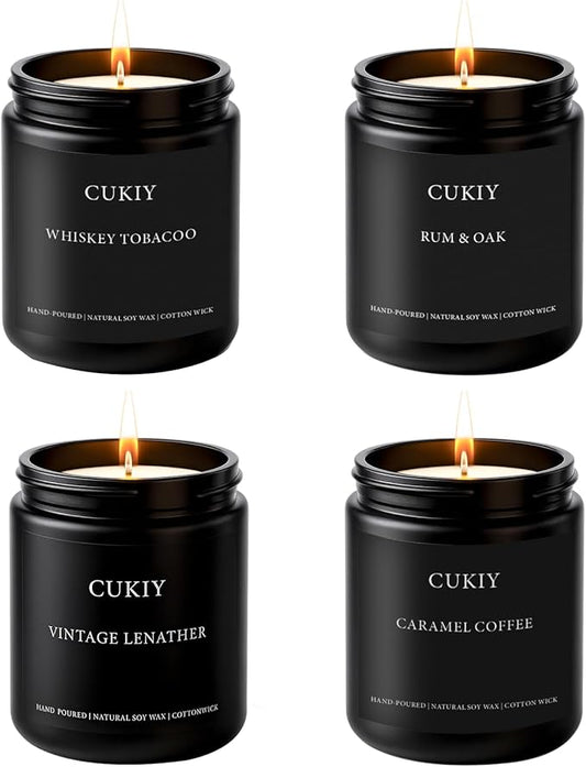 Scented Candle Gift Set, 4 Pack 25oz Soy Wax Candles, Long Lasting Aromatherapy Candles for Home Fragrance, Ideal Gift for Women and Men – Vintage Leather, Caramel Coffee, Rum Oak, Whiskey Tobacco