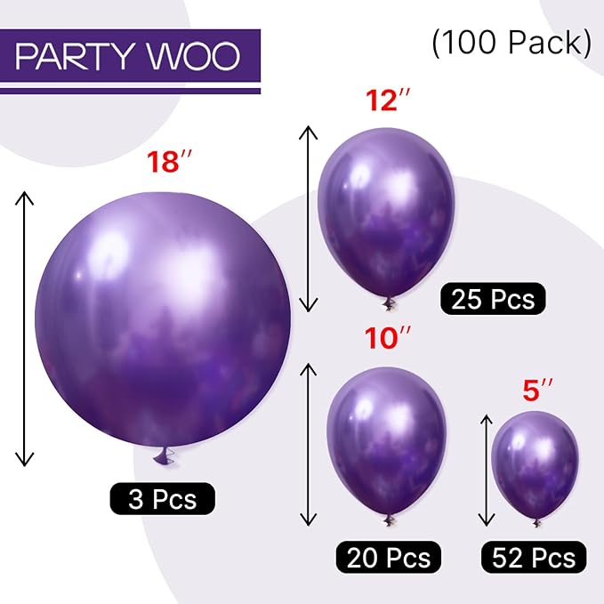 PartyWoo Metallic Purple Balloons 100pcs Different Sizes of 18 12 10 5 Inch Chrome Purple Balloon Arch Kit Garland for Graduation Wedding Baby Shower Princess Birthday Party Decorations Purple-G105