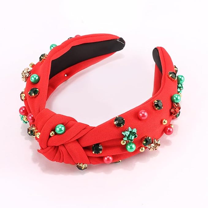 TODDER Red Christmas Knotted Headband, Santa Embellished Pearl Rhinestone Crystal Headband for Women and Girls Christmas Hair Accessories Costumes and Gifts for Themed Parties and Holiday