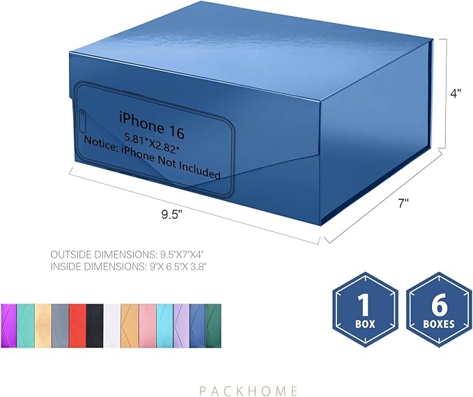 PACKHOME Gift Box 9x6.5x3.8 Inches, Rectangle Collapsible Box with Magnetic Lid for Gift Packaging (Glossy Navy)