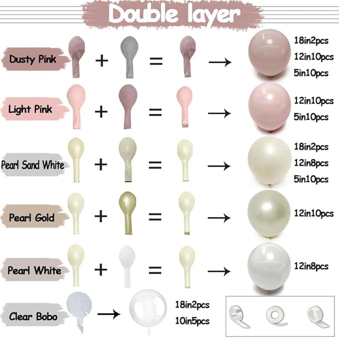 Dusty Pink White Beige Balloon Arch - Double Stuffed Pink Mauve Pearl White Nude Gold Balloon Garland Kit Boho Blush Cream Balloons for Baby in Bloom Baby Shower Bridal Wedding Birthday Party Decor