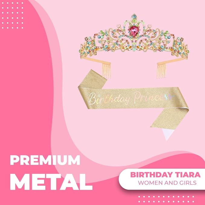Birthday Tiara and Crown with Sash for Women, Hair Accessories for Wedding Party Costume (C - Multicolor)