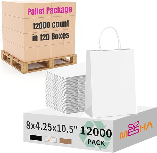 MESHA Gift Paper Bags 12000 PACK 8x4.25x10.5'' White Medium Shopping Kraft Bags Bulk with Handles Reusable for Business,Grocery,Birthday,Wedding,Kids Party,Favors