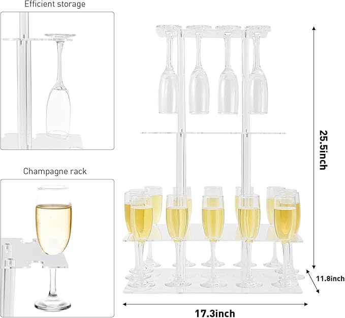 Champagne Tower, Rectangle Acrylic Champagne Display Rack Stand with 32 Slots, 3 Tier Floating Sight Champagne Flute Holder for Party, Wedding, 17.3x11.8x25.5 inch