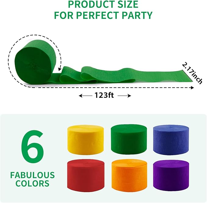 Large Crepe Paper Streamers 6 Rolls 2.2 Inch x 123 Ft/Roll Streamers for Party Backdrop Craft Tissue Paper Party Decorations Wedding Birthday Graduation Decor DIY Supplies - Multicolor
