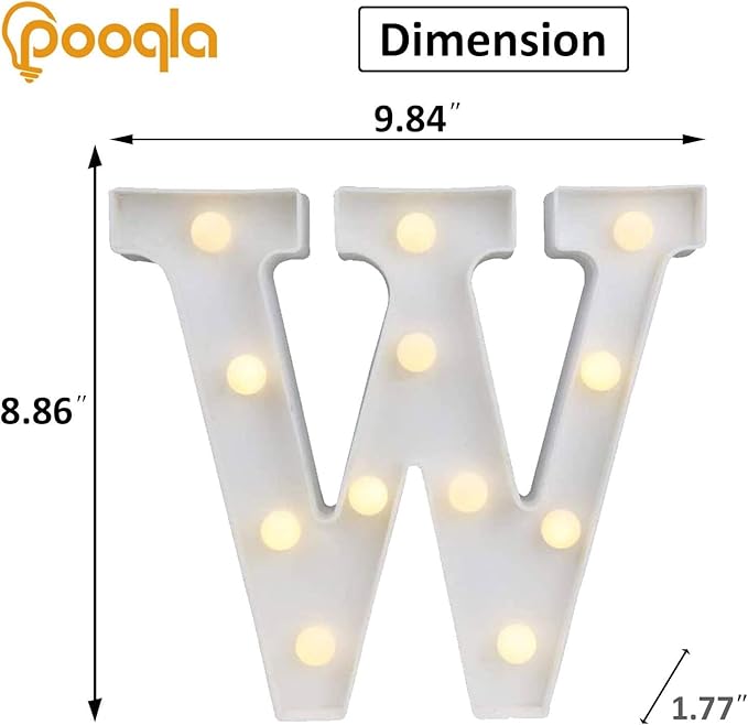 Pooqla LED Light Up Letters, Warm White and Colorful Lighted Marquee Letters with Remote, Lighted Letter for Party Birthday Decorations, Gift for Girls Boys Night Light, Wedding Home Decor, Letter W