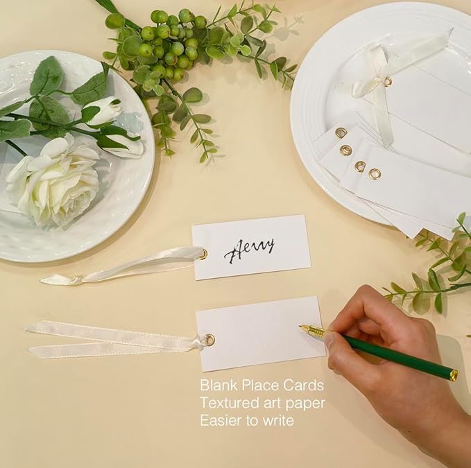 25 Pcs Name Place Cards Blank Seat Card, 2 x 4 in Table Cards with Stain Ribbon, Wedding Place Card, Hanging Tags for Wedding table Setting Reserved Chairs Signs Dinner Banquet Parties.(Beige)