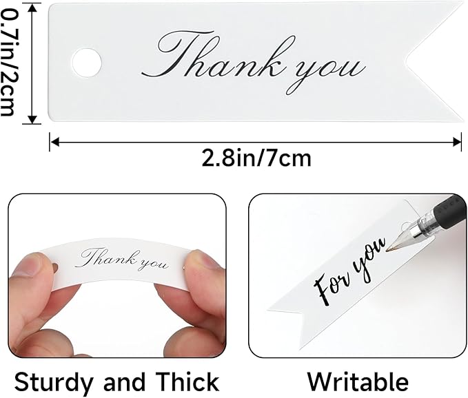 G2PLUS 100 PCS Mini Thank You Gift Tags with String, 2.8'' x 0.8'' White Paper Hang Tags for Art&Craft, Gift Wrapping, Wedding, Bridal Showers, Birthdays, Parties, Christmas