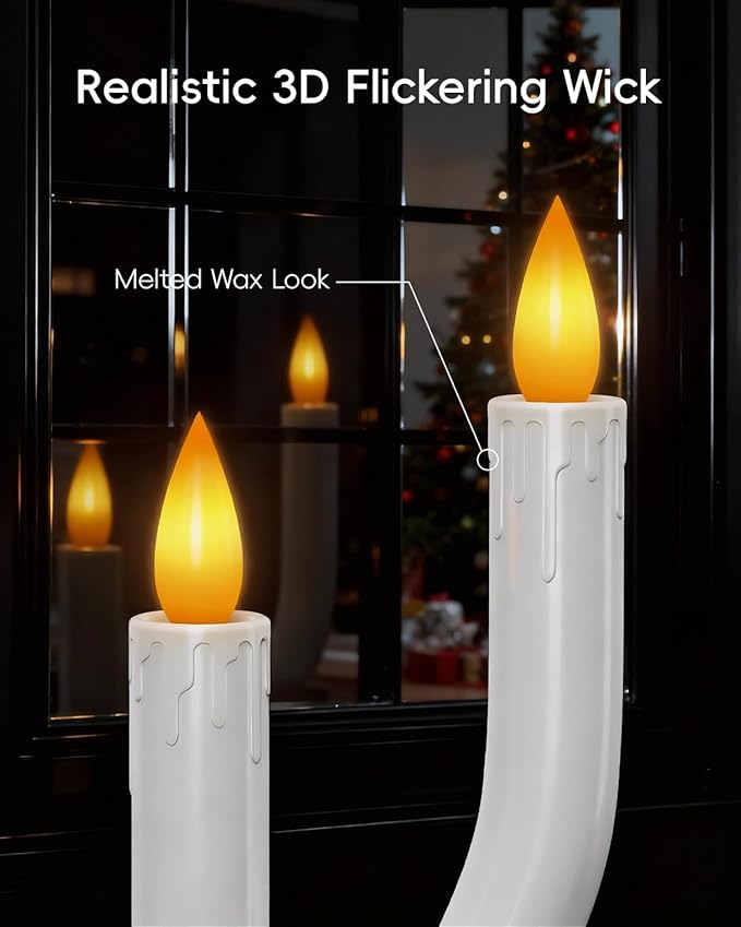 COOLWUFAN Window Candles with Remote Timer, 3 Pcs Flameless Taper Candles Battery Operated with White Holder, Realistic LED Flickering Flame Dripless, Christmas Decorations Indoor for Home Party Fall