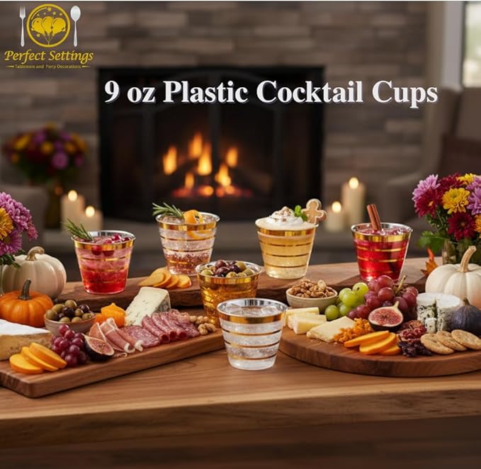 Perfect Settings 110 Gold 4 Line Clear Plastic Cups 9oz - Holiday Wedding Party Elegant Trimmed Disposable Cups, 4 Line Gold Party Cups