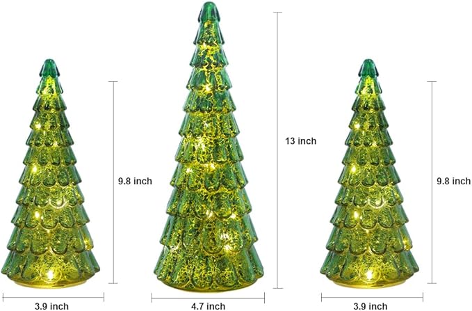 PHITRIC Christmas Decorations Indoor, 3 pcs Sparkling Glass Christmas Tree with LED Lights and Timer, Tabletop Christmas Tree Decor, Xmas Tree Decorations for Living Room, Fireplace, Table, Home